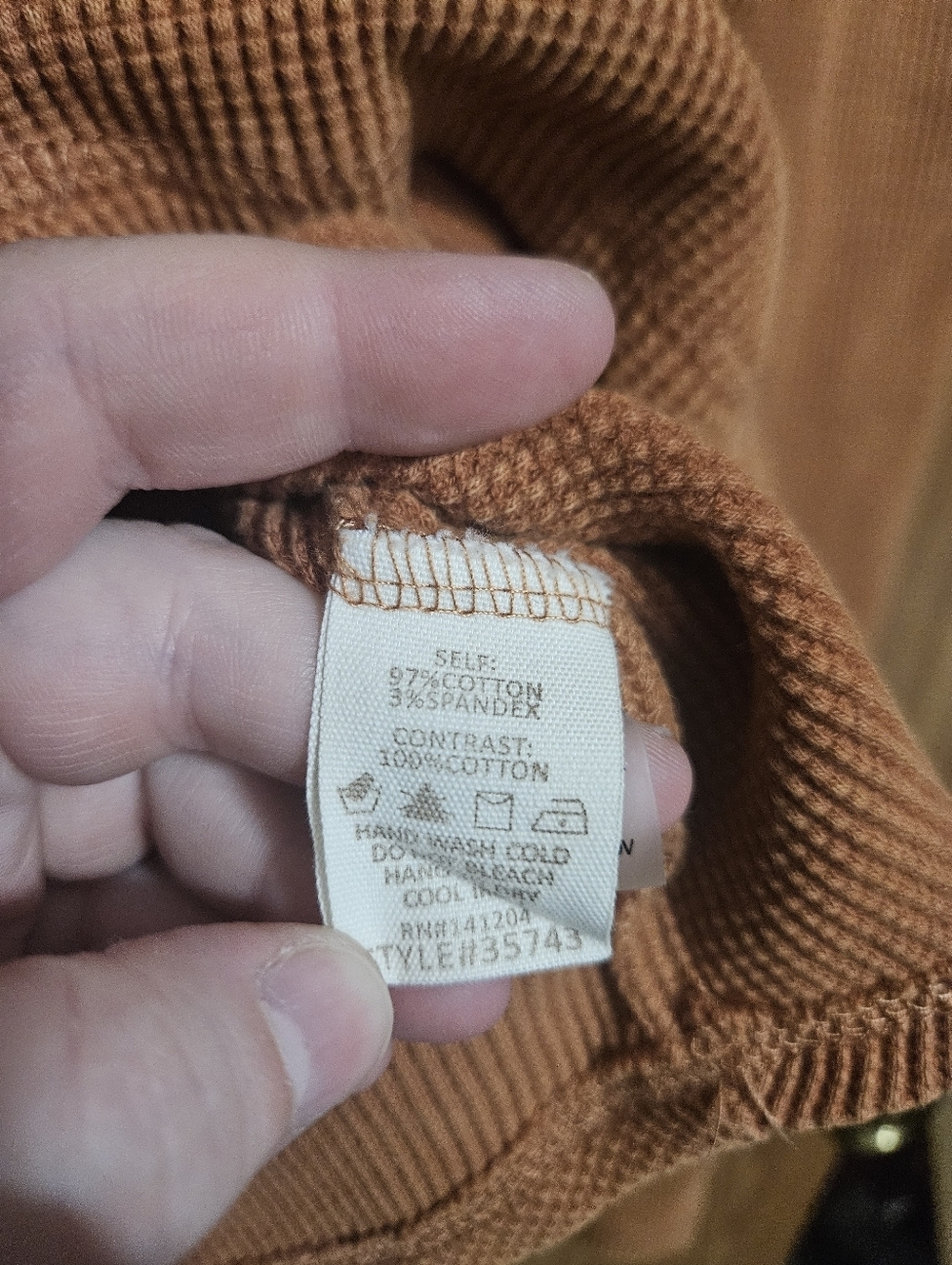Hem&thread Waffle Knit Orange V Neck Long Sleeve Shirt Size Medium! - Picture 3 of 5